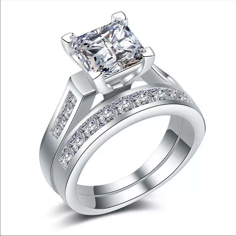 New Luxury 2pc 925 Silver Diamond Engagement Ring - Picture 2 of 6